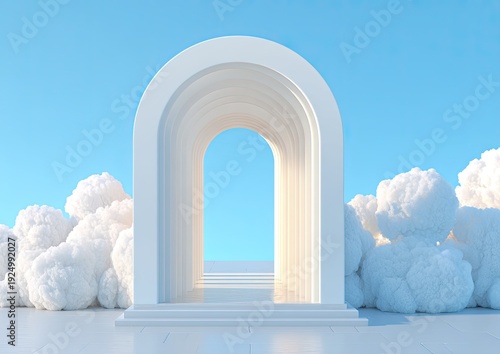 White arched doorway leading into light, flanked by fluffy clouds, against a blue sky