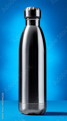 A sleek stainless steel water bottle against a cool blue backdrop, highlighting its modern design and reflective surface