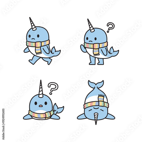 Cartoon narwhal character showing different emotions with scarf and question marks