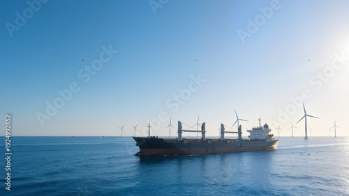 Large cargo ship sailing near wind turbines