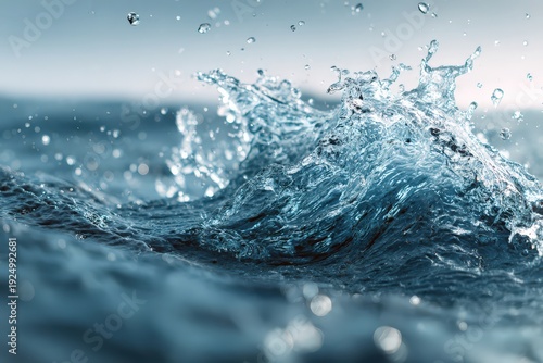 Fresh blue water splashing with powerful energy, forming a dynamic wave and clear droplets, symbolizing purity and motion