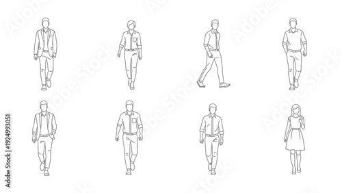 Simple line art illustrations of diverse people walking alone in various styles and outfits