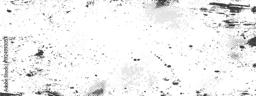 Black and white distressed grunge texture background with halftone dots and splatters, perfect as an overlay or design element
