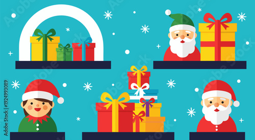 Santa, Elf, Gifts in 3-Section Holiday Scene with Bright Colors, Cartoon-Style
