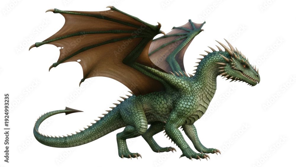 Obraz premium Isolated fantasy green dragon with detailed scales, horns, and leathery wings spread