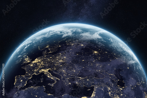 Planet Earth in outer space. Europe, Asia, Middle East. Amazing night Earth with cities lights. UK, Spain, Germany, France, Italy, at night viewed from space. 
