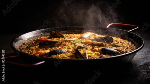 Steaming paella pan with fresh seafood, traditional spanish rice dish with prawns and mussels