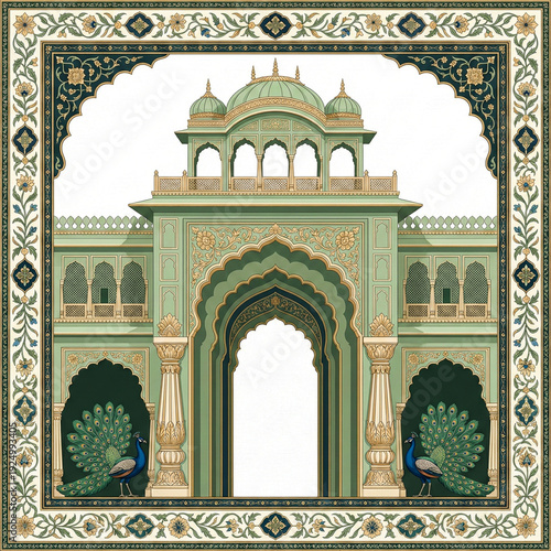 Elegant Mughal Palace Arch Frame With Peacock And Ornamental Geometric Border For Royal Wedding Invitation Background, Traditional Indian Heritage Design Isolated On White, Detailed Vintage Vector Ill