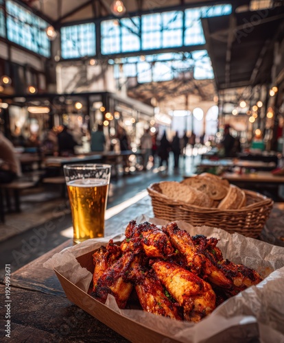 Piri piri chicken wings platter with refreshing beer and bread at a vibrant indoor food market in portugal