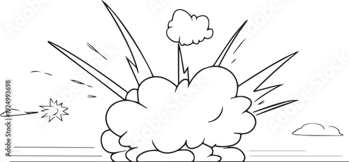 Comic book style explosion with jagged lines and clouds