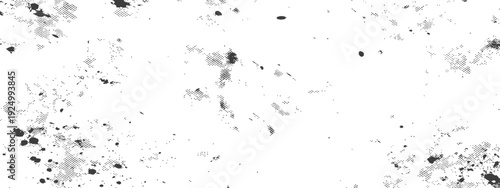 Black and white grunge texture with halftone effect and ink splatters distressed overlay background
