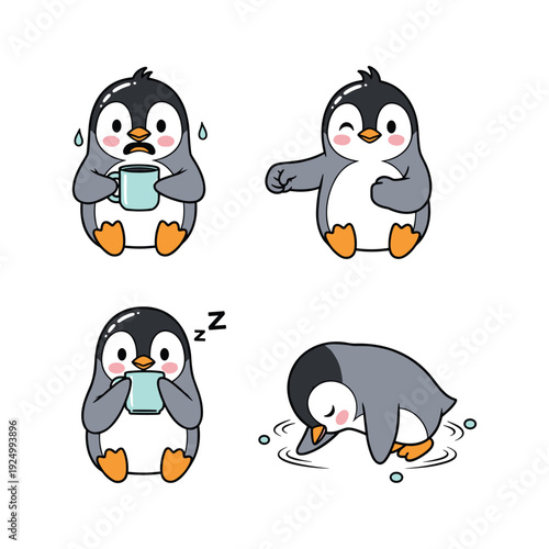 Penguin having a bad day feeling sick and sleeping in a cartoonish style