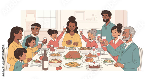 Happy multi-generational family celebrating a festive dinner with a toast