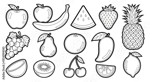 Black and white fruit line art collection for coloring books or healthy eating concepts.