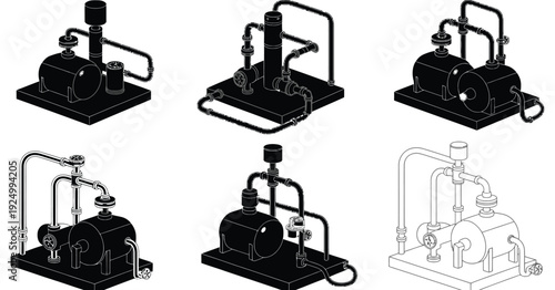 Historical and modern mechanical printing press machines in operation isolated on white background, Vector, illustration