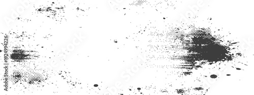 Abstract grunge distressed texture with black ink splatters and halftone dot pattern Grayscale messy background overlay design element