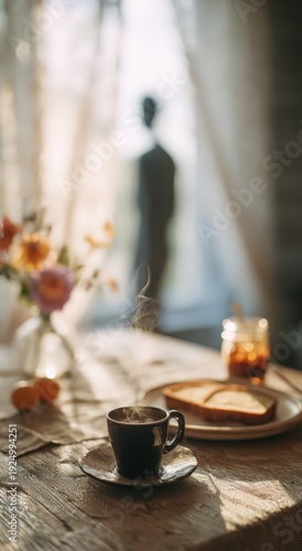 Slow Morning Coffee Ritual with Fresh Flowers and Fruit on Kitchen Table with Blurred Person by Window in Warm Natural Light for Mindful Breakfast and Wellness Lifestyle Concept