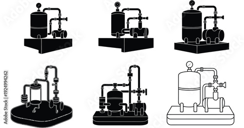 Historical development of steam engine and boiler systems in industrial applications isolated on white background, Vector, illustration