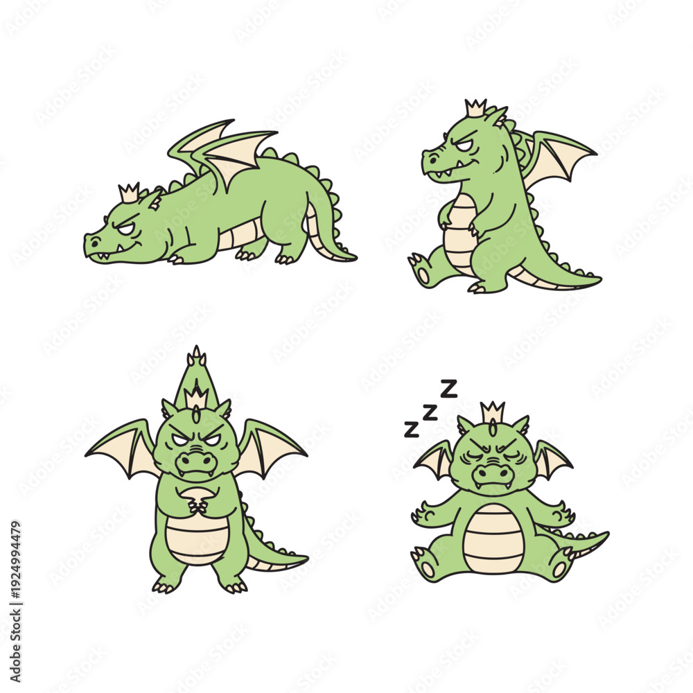 Fototapeta premium Cute cartoon dragons sleeping and resting in various poses with copy space