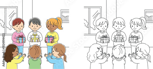 Happy children giving gifts to friends vector illustration with black and white outline for coloring page. Kids holding present boxes and clapping hands in classroom.