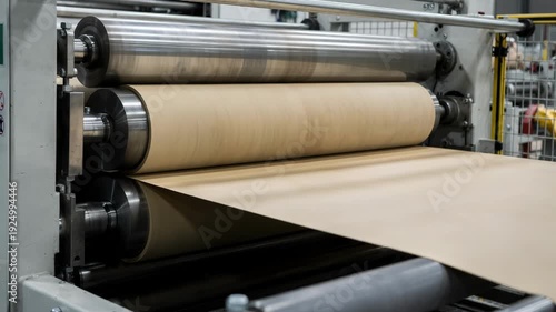 Medium shot of soft nip calendar stack gently smoothing dry board surface ensuring uniform texture before coating in a controlled production environment.