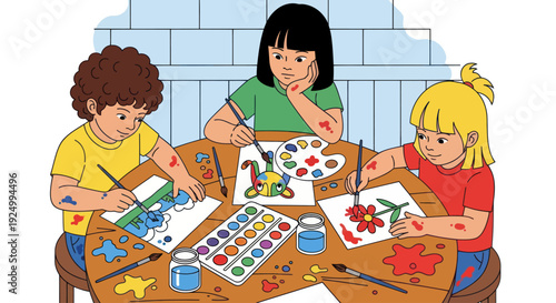 Children enjoying a fun and messy art class together.