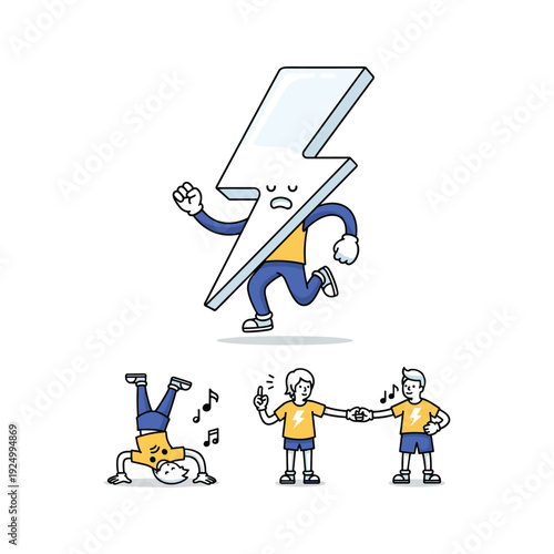 Cartoon character with lightning bolt body running and people exercising with energy and dynamism