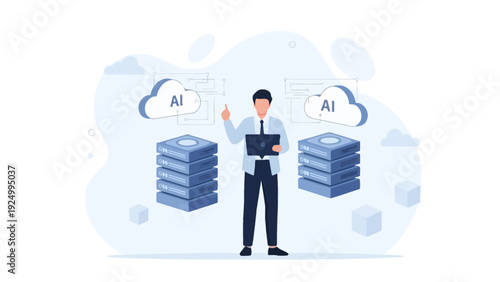 Businessman with laptop, AI cloud computing and data servers