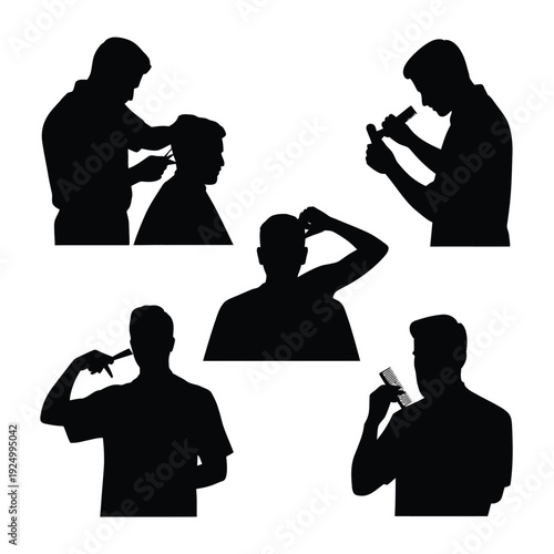 Silhouettes of people using various grooming and personal care products isolated on white background, Vector, illustration