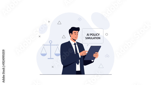 Businessman with Tablet, AI Policy Simulation, Legal Scales Icon
