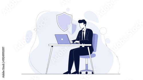 Businessman working on laptop with security shield icon, data protection concept