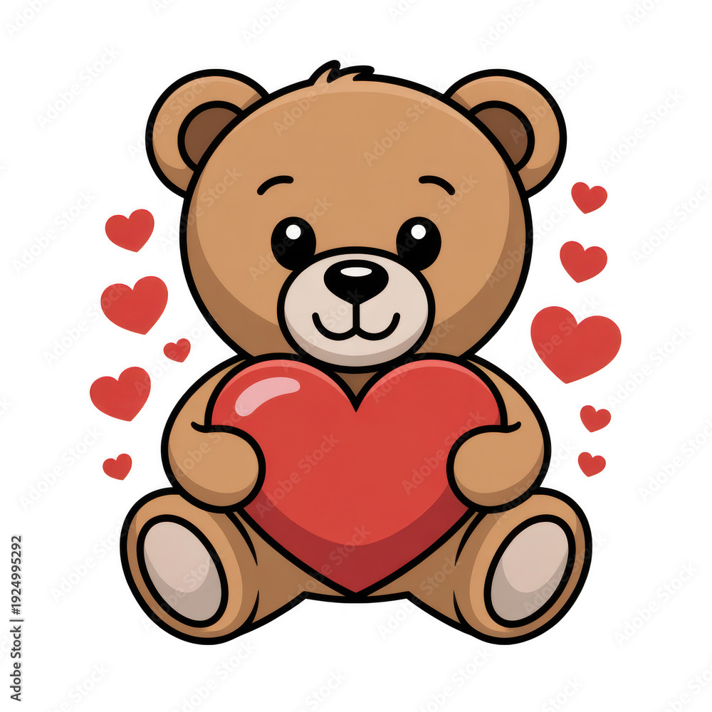 Naklejka premium Cute teddy bear holding a red heart, surrounded by small hearts, isolated on transparent background