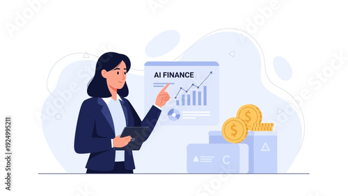 Businesswoman analyzing AI finance growth chart with coins and tablet