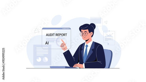 Businesswoman analyzing audit report on screen, AI technology concept