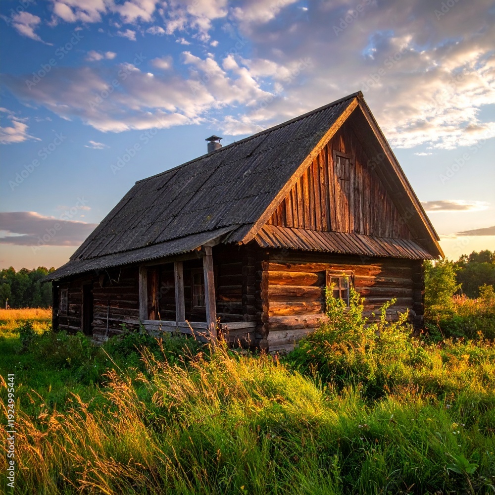Obraz premium Rustic Wooden Cabin in a Lush Meadow Under a Cloudy Sky at Sunset.
