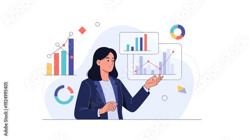 Businesswoman presenting data analytics, charts, graphs, and financial reports in a modern office