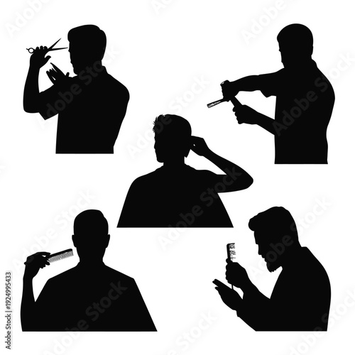 Silhouettes of people engaged with various communication and weapon devices isolated on white background, Vector, illustration