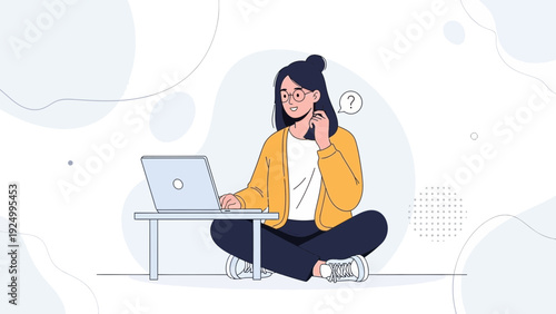 Confused woman working on laptop, thinking hard, asking questions, online learning, remote work