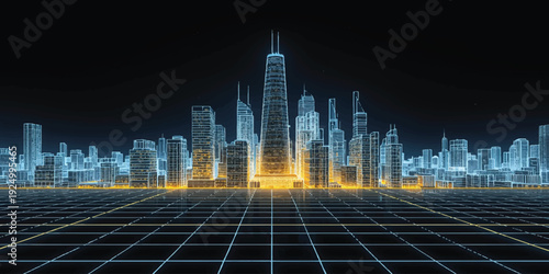 An abstract blue night city skyline features a vector illustration of downtown skyscrapers and urban architecture with a silhouette design of business buildings against a dark sky landscape