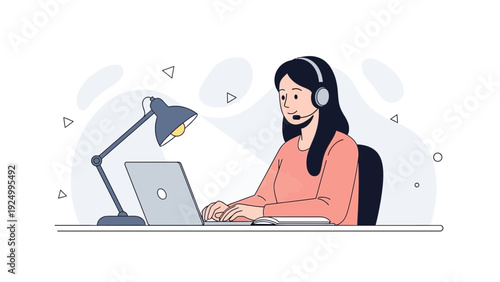 Customer service agent with headset and laptop, working from home