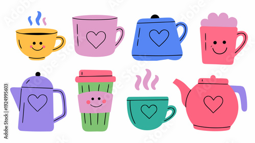A colorful flat vector illustration set of coffee and tea themed icons, smiling coffee cups, tea mugs with hearts, latte art, steaming mugs, cozy kettle, takeaway cup