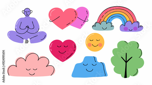 A colorful flat vector illustration set of mental health and self-care symbols, meditating character, heart, calm cloud, peaceful smiley face, self-love icon