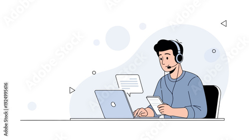 Customer Service Agent Working Remotely with Laptop and Headset