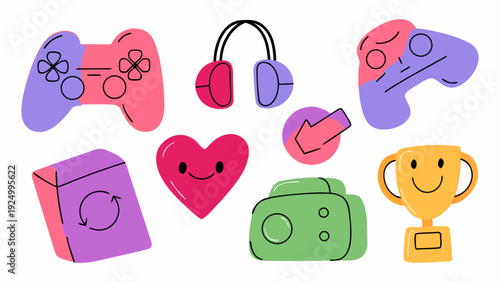 A colorful flat vector illustration set of gaming and streaming icons, cute game controller, headset with heart, streaming camera, joystick, trophy with smiley face
