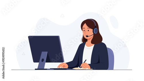 Customer Service Representative Working on Computer with Headset