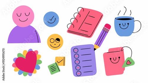 A colorful flat vector illustration set of study and productivity icons, smiling notebook, cute pencil, focused character studying, to-do list with heart, coffee mug helper