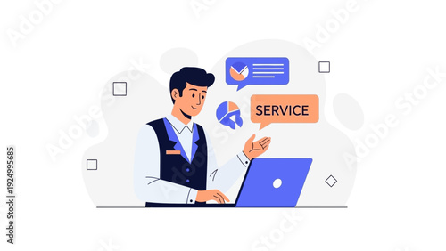 Customer Service Representative Working on Laptop with Analytics and Support Icons