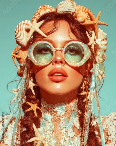 Enchanting Mermaid Woman with Seashell Crown and Iridescent Glasses