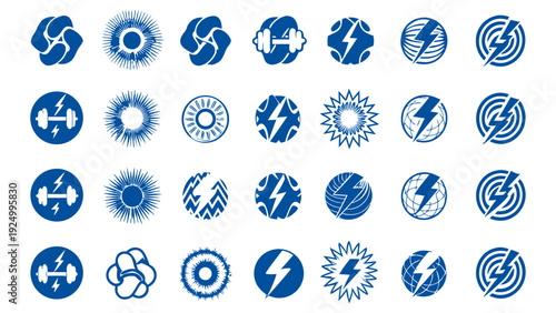 Fitness & Strength Logo Icon set. Flat minimalistic blue icons of dumbbells, flexed arms, lightning bolts, and abstract energy shapes vector silhouette