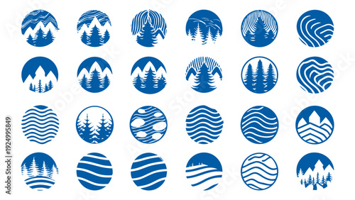 Forest & Tree Logo Icon set. Flat minimalistic blue icons of fir trees, layered forests, hills, and abstract leaf shapes vector silhouette